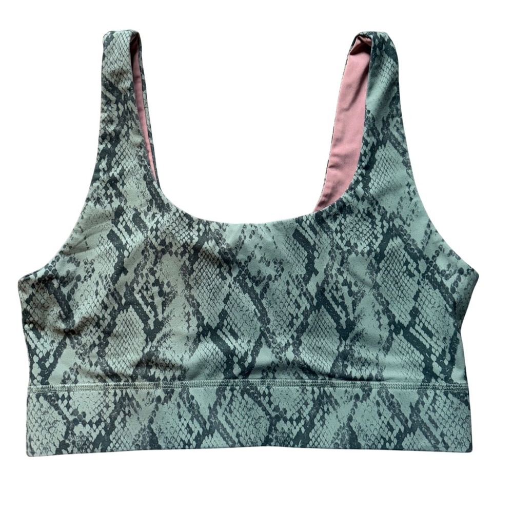Fabletics Harlyn Reversible Midi Med Impact Sports Bra Cactus Snake Pink Canyon